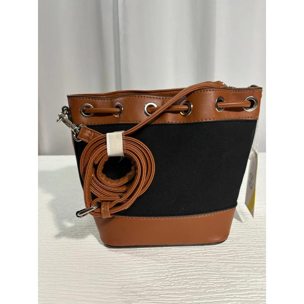 CXL Christian Lacroix Paulina Drawstring Bucket Crossbody Bag Black Cognac NEW
